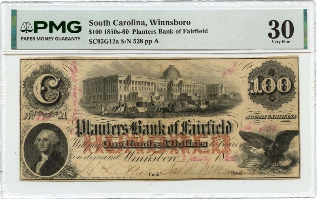 South Carolina Obsolete Planters Bank Fairfield PMG VF30 - 1860 $100 Winnsboro: South Carolina Obsolete Planters Bank Fairfield PMG VF30 - 1860 $100 Winnsboro Experience the rich history of the American Civil War era with this rare and highly sought-after $100 Winnsboro banknote