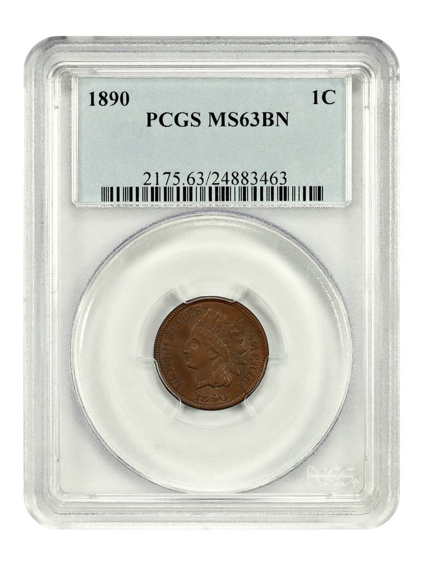Indian Cent (MS63BN, 1C, 1890): Indian Cent (MS63BN, 1C, 1890) A rare and highly graded Indian Cent, certified by PCGS as MS63BN, boasts stunning mint state condition with crisp details and rich patina. Struck in 1890, this coin is