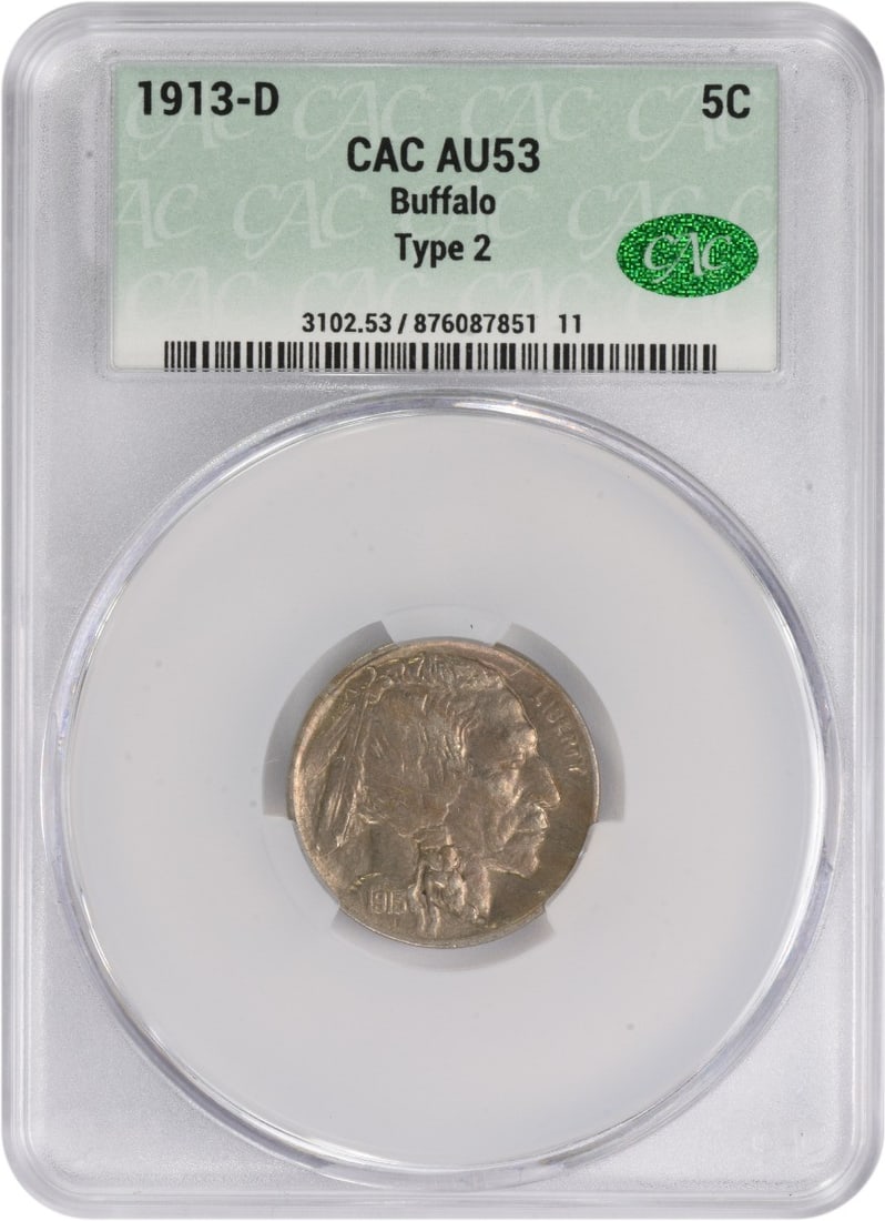 CACG 1913-D Buffalo Nickel Type 2 AU53: CACG 1913-D Buffalo Nickel Type 2 AU53 Experience the iconic Buffalo Nickel, designed by James Earle Fraser in 1913, with its striking design and rich history. This uncirculated AU53 coin is a rare fi