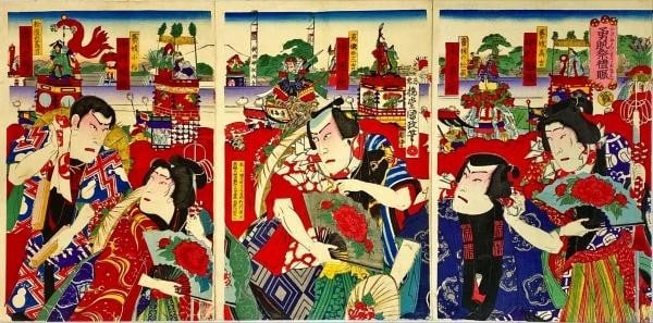 japanese Umedo Kuniseiga woodblock print triptych festival people kimono topknot: japanese Umedo Kuniseiga woodblock print triptych festival people kimono topknot A stunning triptych woodblock print from the renowned Umedo Kuniseiga, this piece showcases vibrant multi-colored scene