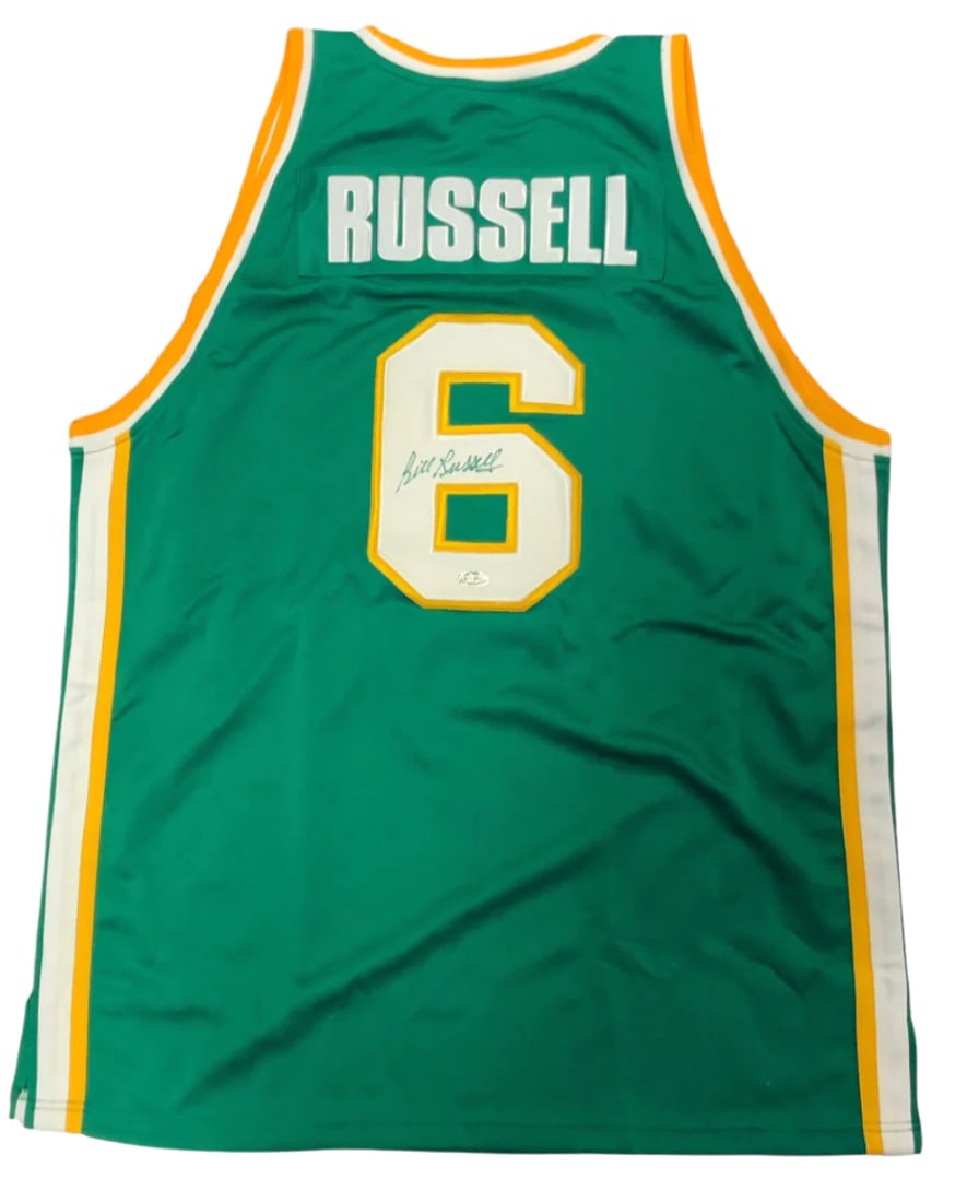 Jersey Bill Russell Autographed USF Green: Jersey Bill Russell Autographed USF Green Own a piece of NBA history with this authentic Bill Russell autographed USF Green jersey, signed in black sharpie across the back. The jersey is made from hig