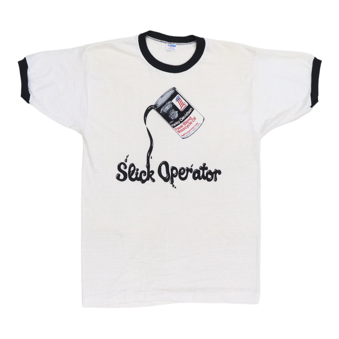 Slick Operator Champion Shirt - 1970s Harley Davidson: Slick Operator Champion Shirt - 1970s Harley Davidson Get ready to ride in style with this authentic 1970s Harley Davidson Slick Operator Champion Shirt, featuring a classic white design and original