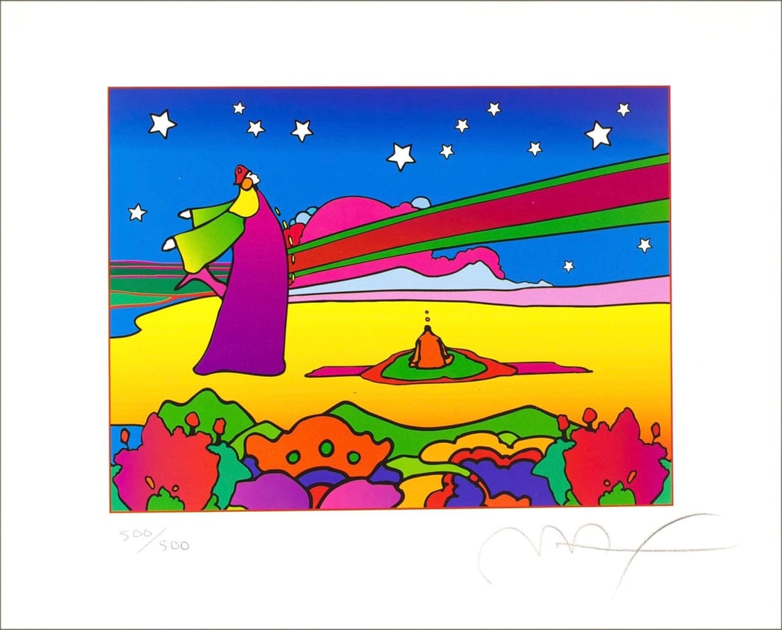 Official Lithograph - Peter Max - Two Cosmic Sages - Ver. II - Hand Signed: Official Lithograph - Peter Max - Two Cosmic Sages - Ver. II - Hand Signed Experience the vibrant cosmos of Peter Max with this stunning lithograph, "Two Cosmic Sages", hand signed by the artist and n