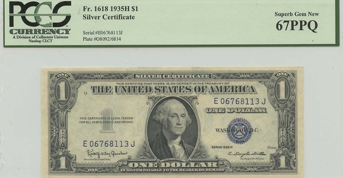 PPQ 1935H $1 Silver Cert FR#1618 PCGS 67 Superb Gem: PPQ 1935H $1 Silver Cert FR#1618 PCGS 67 Superb Gem Experience the beauty of American currency history with this stunning 1935 $1 Silver Certificate, graded MS67 by PCGS as a Superb Gem. As one of onl