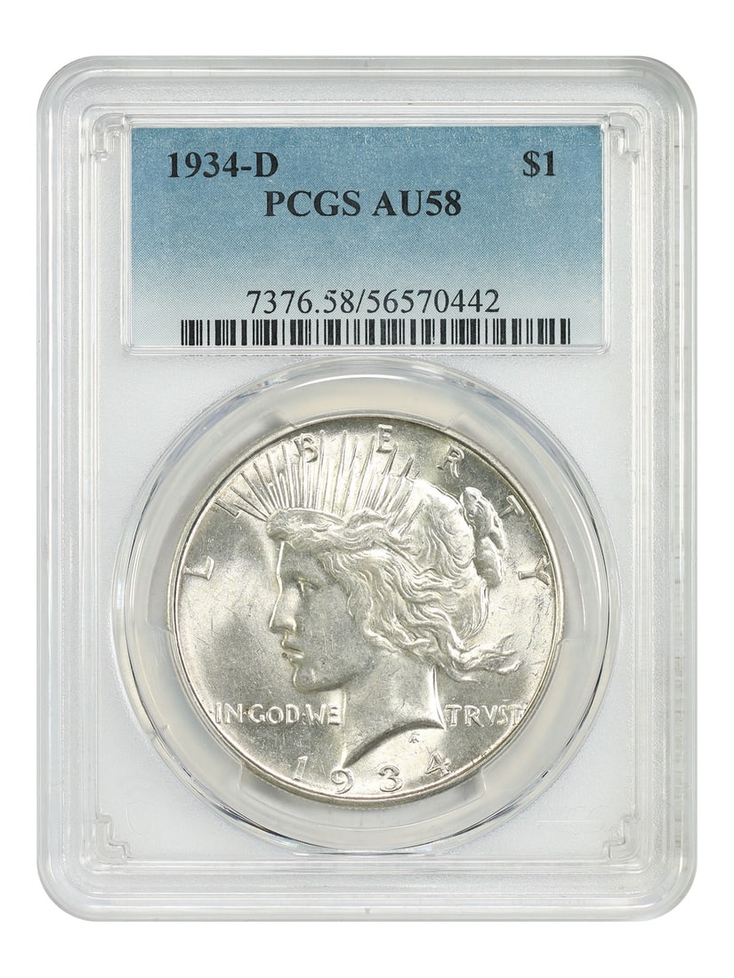 1934-D Peace Dollar PCGS AU58: 1934-D Peace Dollar PCGS AU58 Experience the iconic design of the 1934-D Peace Dollar, certified by PCGS as AU58. This circulated coin is a rare find from the Denver Mint, boasting an impressive strik