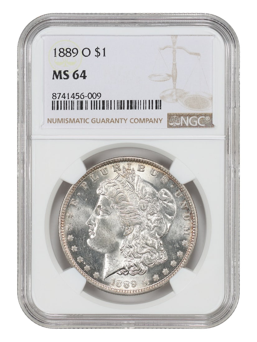 Morgan Dollar 1889-O $1 MS64 NGC: Morgan Dollar 1889-O $1 MS64 NGC Rarity and beauty come together in this stunning 1889-O Morgan Dollar, graded MS64 by the Numismatic Guaranty Corporation (NGC). As one of the earliest coins minted at