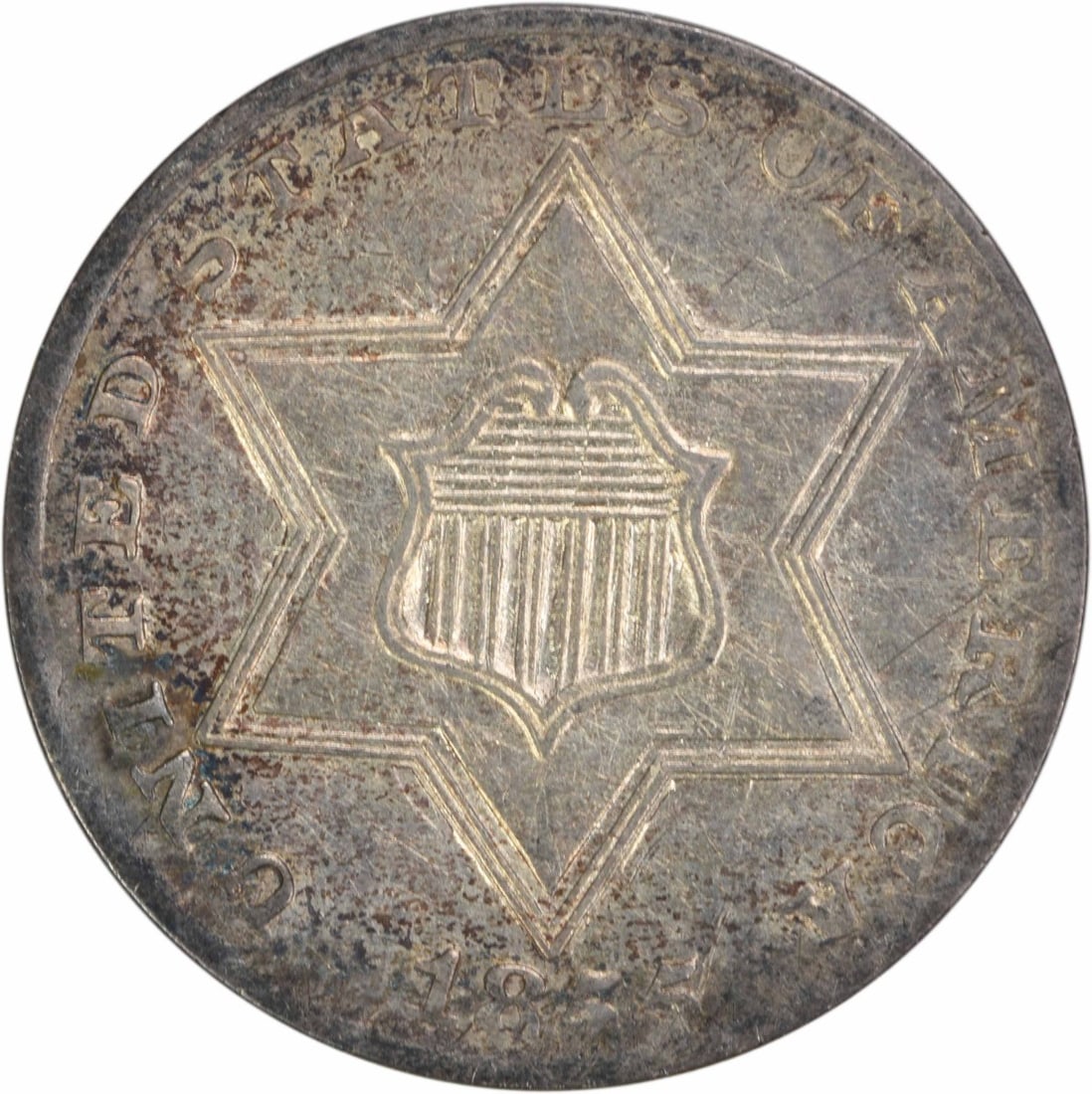 Uncertified 1855 Three Cent Silver AU: Uncertified 1855 Three Cent Silver AU A rare and historic Three Cent Silver coin from 1855, certified as AU (about uncirculated) with a rich silver composition of 90% and copper. With its distinctive