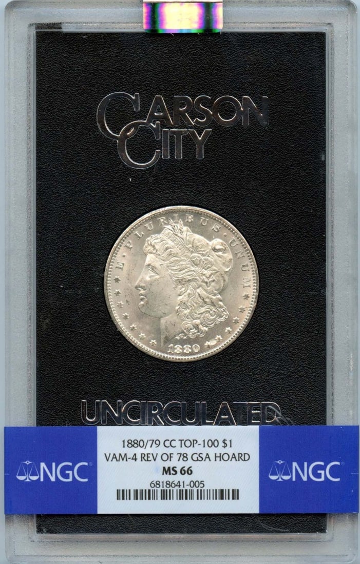 1880/ 79 CC Top-100 Morgan Dollar, VAM-4, Rev of '78, GSA Hoard, MS66: 1880/ 79 CC Top-100 Morgan Dollar, VAM-4, Rev of '78, GSA Hoard, MS66 A rare gem from the GSA Hoard, this 1880/79 CC Morgan Dollar boasts an impressive MS66 grade and VAM-4 designation, making it a tr