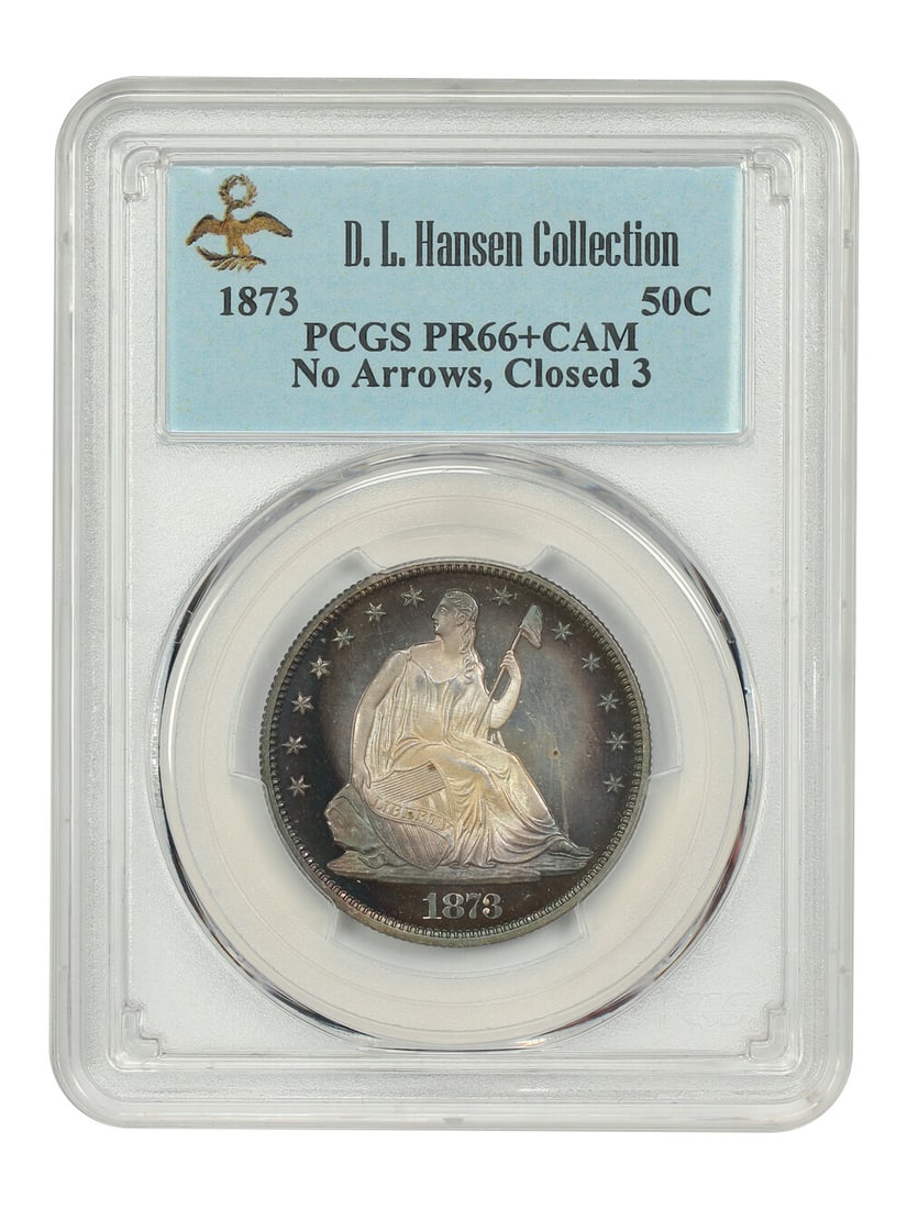 1873 50C PCGS PR66+CAM, No Arrows, Closed 3, Ex: D.L. Hansen: 1873 50C PCGS PR66+CAM, No Arrows, Closed 3, Ex: D.L. Hansen A stunning example of the 1873 Liberty Seated Half Dollar, graded PR66+ by PCGS and certified CAM (Close to Mint), this coin boasts excepti