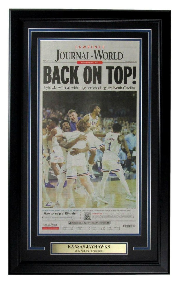 Framed Lawrence Journal-World Newspaper Kansas Jayhawks 2022 NCAA Champs: Framed Lawrence Journal-World Newspaper Kansas Jayhawks 2022 NCAA Champs Celebrate the Jayhawks' historic 2022 NCAA championship win with this unique framed newspaper, capturing the moment when Kansas