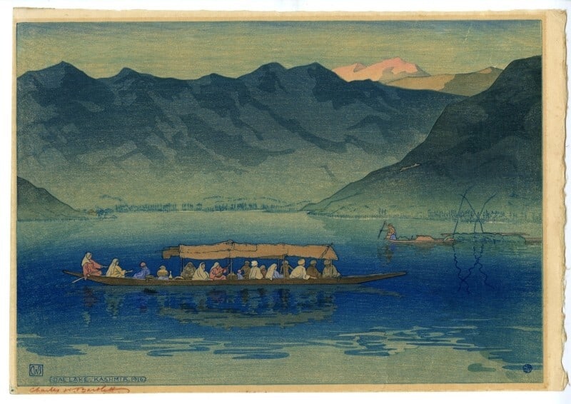 autographed Charles Bartlett woodblock print boat people mountain water 1916: autographed Charles Bartlett woodblock print boat people mountain water 1916 A stunning piece of art from the early 20th century, this autographed woodblock print by Charles Bartlett is a rare find fo