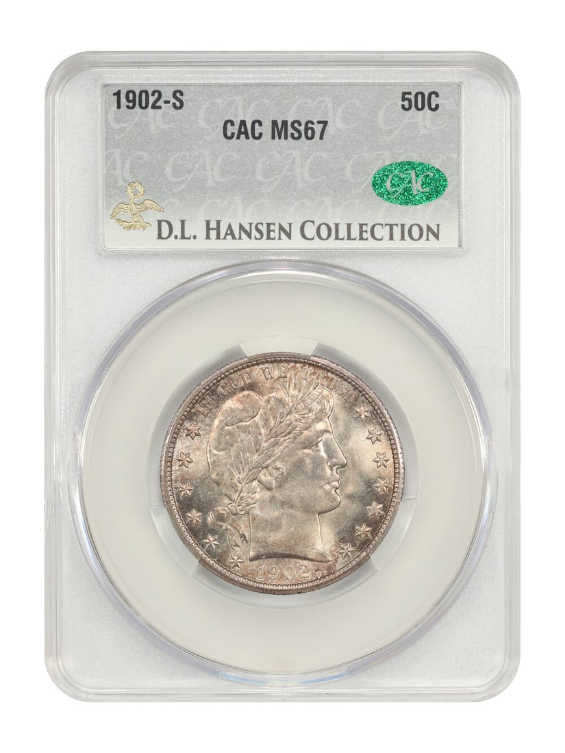 1902-S 50C CACG MS67 ex: D.L. Hansen - Barber Half Dollar Underrated S-Mint: 1902-S 50C CACG MS67 ex: D.L. Hansen - Barber Half Dollar Underrated S-Mint Experience the beauty of an underrated American classic with this 1902-S Barber Half Dollar, graded MS67 by CACG and certifi