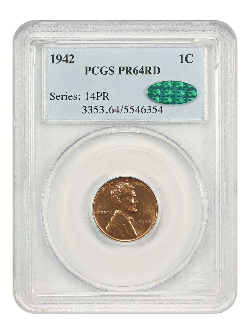 1942 1C PCGS/ CAC PR64RD - Lincoln Cent (Wheat Reverse) Lovely Red Proof: 1942 1C PCGS/ CAC PR64RD - Lincoln Cent (Wheat Reverse) Lovely Red Proof A stunning example of American numismatics, this 1942 Lincoln Cent boasts a gorgeous PR64RD grade and is certified by both PCGS