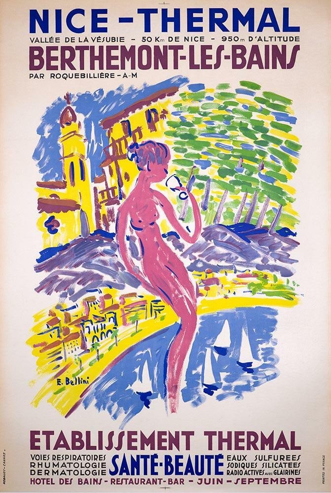 Thermal Berthemont-Les-Bains By E Bellini C1960 Large Travel Poster Rare - Nice: Thermal Berthemont-Les-Bains By E Bellini C1960 Large Travel Poster Rare - Nice Experience the charm of vintage travel with this stunning 1960s poster by renowned artist E Bellini, measuring 31x47 inc