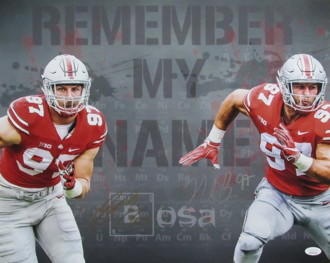 199546 Nick Bosa/ Joey Bosa Dual-Signed/ Autographed 16x20 Photo Ohio State JSA: 199546 Nick Bosa/ Joey Bosa Dual-Signed/ Autographed 16x20 Photo Ohio State JSA Get ready to showcase your Ohio State pride with this incredible autographed photo of the dynamic duo, Nick Bosa and Joe