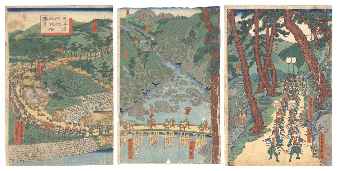 triptych Sadahide Woodblock Prints Antique Ukiyo-e Sanmaibashi Hakone Tokaido 53: triptych Sadahide Woodblock Prints Antique Ukiyo-e Sanmaibashi Hakone Tokaido 53 Experience the beauty of traditional Japanese art with this stunning triptych print, created by renowned artist Sadahid