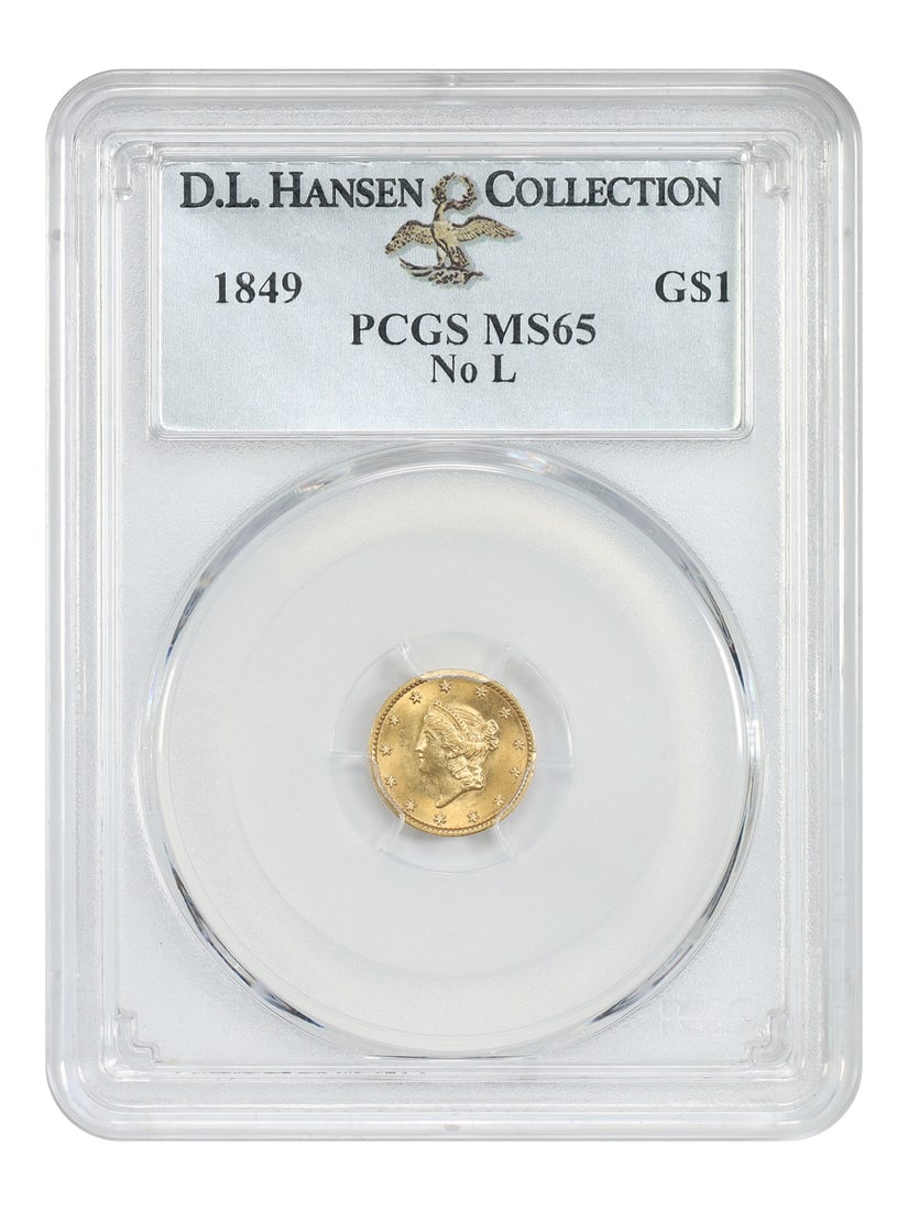 1849 G$1 PCGS MS65 No L Ex D.L. Hansen Gold Dollar Variety: 1849 G$1 PCGS MS65 No L Ex D.L. Hansen Gold Dollar Variety A rare and highly sought-after variety, the 1849 G$1 PCGS MS65 No L Ex D.L. Hansen Gold Dollar is a true treasure for collectors of American