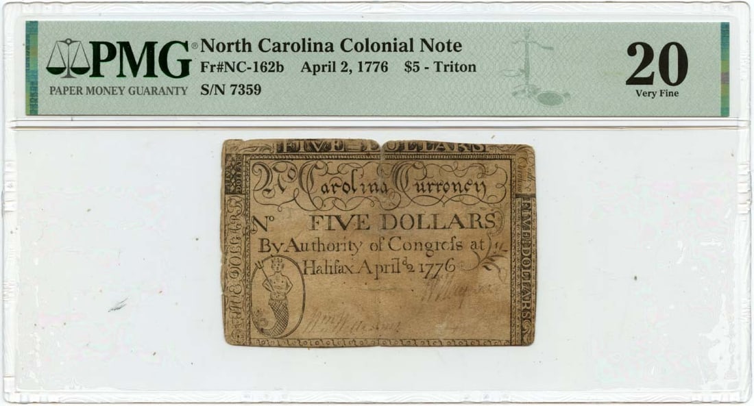 North Carolina Colonial Note, $5, FR#NC-162b, PMG VF20, Triton.: North Carolina Colonial Note, $5, FR#NC-162b, PMG VF20, Triton. A rare and highly sought-after North Carolina Colonial Note, graded VF20 by PMG, boasts the unique FR#NC-162b designation, making it an