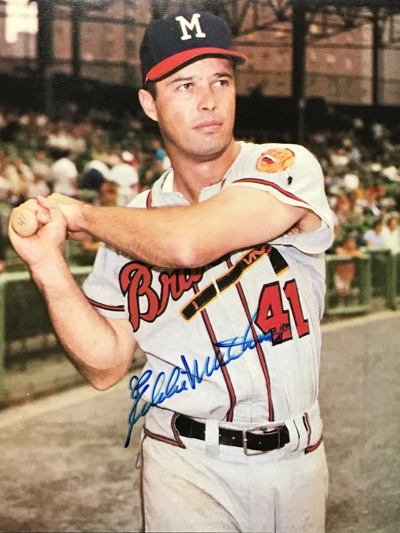 Photo Eddie Mathews Autographed 8x10 Baseball: Photo Eddie Mathews Autographed 8x10 Baseball Meet the iconic Eddie Mathews, signed across the front of this 8x10 photo in bold blue sharpie. A rare piece of baseball history, this autographed photo c