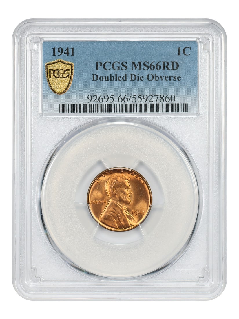 Lincoln Cent (Wheat Reverse) - 1941 1C PCGS MS66RD (Doubled Die Obverse): Lincoln Cent (Wheat Reverse) - 1941 1C PCGS MS66RD (Doubled Die Obverse) A rare gem from the early days of American currency, this 1941 Lincoln Cent boasts an exceptional MS66RD grade, indicating near