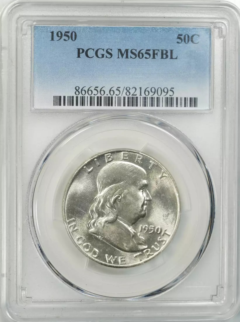 FULL BELL LINES (095) - 1950 FRANKLIN HALF DOLLAR 50C PCGS MS 65 FBL MINT UNC: FULL BELL LINES (095) - 1950 FRANKLIN HALF DOLLAR 50C PCGS MS 65 FBL MINT UNC Experience the beauty of American numismatics with this stunning 1950 Franklin Half Dollar, certified MS 65 by PCGS and gr