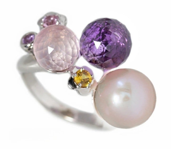 Rose Quartz - CHANEL Mademoiselle White Gold Ring US6.5 Pearl - Citrine - Amethyst: Rose Quartz - CHANEL Mademoiselle White Gold Ring US6.5 Pearl - Citrine - Amethyst Elevate your style with the timeless elegance of CHANEL's Mademoiselle White Gold Ring, boasting a stunning trio of n