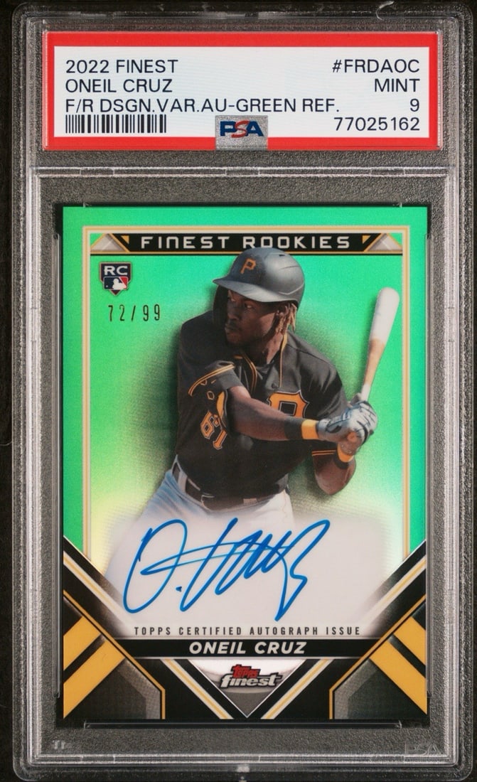 2022 TOPPS FINEST ONEIL CRUZ #FRDAOC ROOKIES GEEEN REFRACTOR/ 99 PSA 9: 2022 TOPPS FINEST ONEIL CRUZ #FRDAOC ROOKIES GEEEN REFRACTOR/ 99 PSA 9 Rarity alert! Get your hands on the elusive 2022 Topps Finest Oneil Cruz #FRDAOC Rookie Card, graded PSA 9 and boasting a stunnin