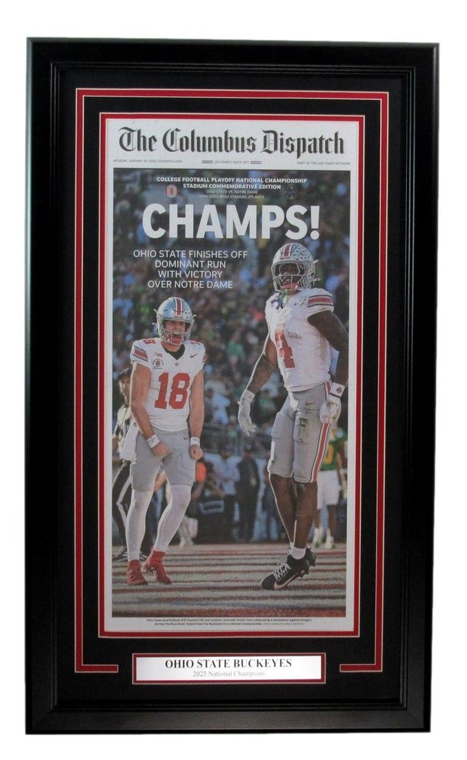 194421 The Columbus Dispatch 2025 Ohio State National Champs Framed Newspaper: 194421 The Columbus Dispatch 2025 Ohio State National Champs Framed Newspaper Celebrate Ohio State's historic 2025 National Championship win with a unique piece of sports memorabilia - the Columbus Di