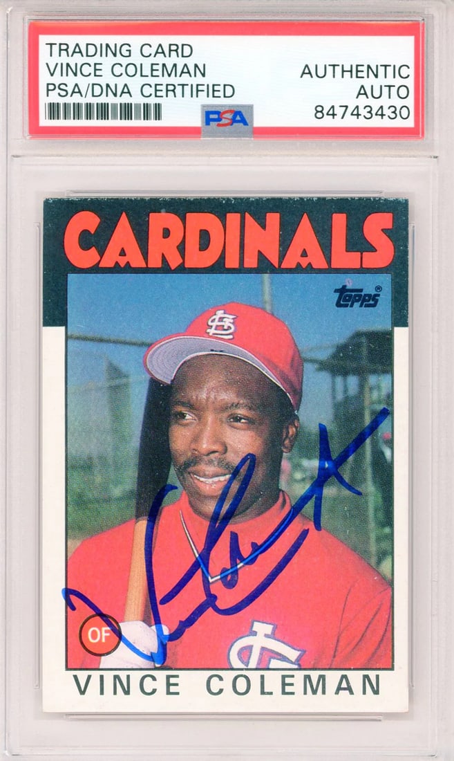 Vince Coleman 1986 Topps Rookie Card #370 (PSA): Vince Coleman 1986 Topps Rookie Card #370 (PSA) Get ready to relive the excitement of 80s baseball with this autographed Vince Coleman rookie card from Topps, graded and slabbed by PSA for authenticit