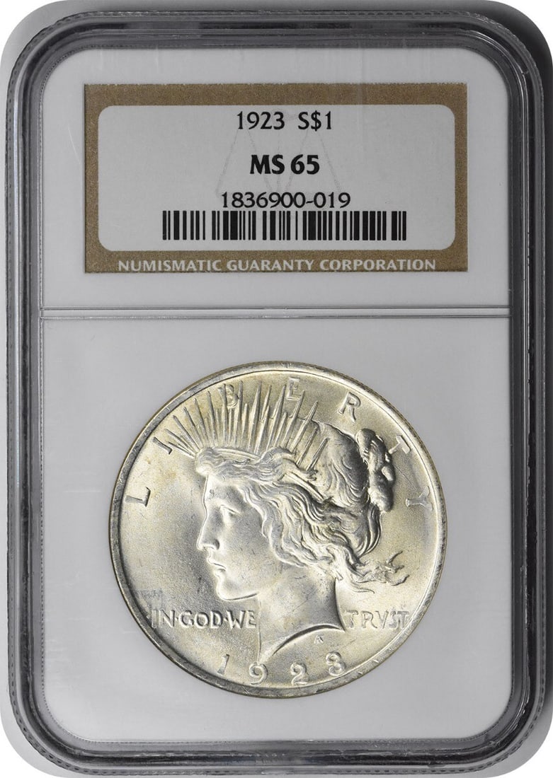 MS65 1923 Peace Silver Dollar: MS65 1923 Peace Silver Dollar A rare and highly sought-after 1923 Peace Silver Dollar, graded MS65 by the NGC, is up for auction. This stunning coin boasts its original uncirculated condition, with it