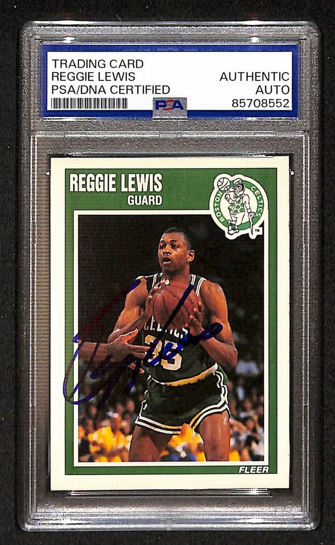 1989-90 Fleer Reggie Lewis Autographed Card #10 Celtics (PSA/ DNA BA204415): 1989-90 Fleer Reggie Lewis Autographed Card #10 Celtics (PSA/ DNA BA204415) Get ready to own a piece of Celtics history with the 1989-90 Fleer Reggie Lewis Autographed Card #10, authenticated by both