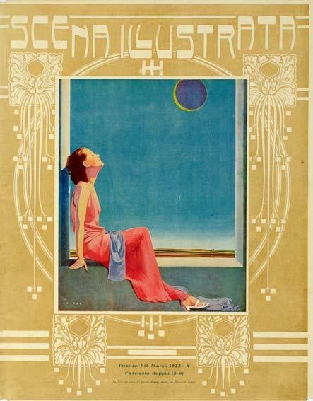 1932 Scena Illustrata Arts Literature Music Theatre Girl Sky: 1932 Scena Illustrata Arts Literature Music Theatre Girl Sky Experience the elegance of Art Nouveau in this stunning 1932 poster, originally created circa 1900, featuring a beautiful illustration of a