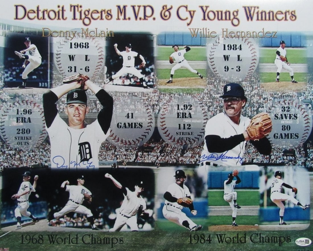 200117 Denny McLain/ Willie Hernandez Dual-Signed 16x20 Photo WS Champ Tigers JSA: 200117 Denny McLain/ Willie Hernandez Dual-Signed 16x20 Photo WS Champ Tigers JSA Get ready to relive the magic of the 1968 World Series with this incredible dual-signed photo of Denny McLain and Will