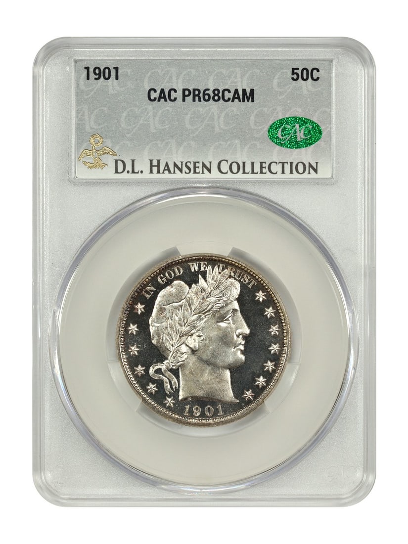 1901 Barber Half Dollar CACG PR68CAM Ex: D.L. Hansen: 1901 Barber Half Dollar CACG PR68CAM Ex: D.L. Hansen Experience the majesty of the 1901 Barber Half Dollar, graded PR68CAM by CACG and certified in near-mint condition. This stunning coin boasts a str