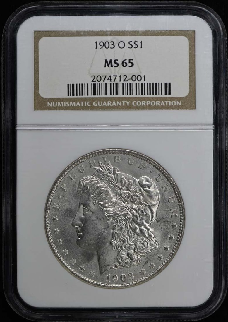 1903-O Morgan Dollar $1 NGC MS65: 1903-O Morgan Dollar $1 NGC MS65 Experience the rich history of the 1903-O Morgan Dollar, certified by the Numismatic Guaranty Corporation (NGC) as MS65, one of the highest grades for circulated coins