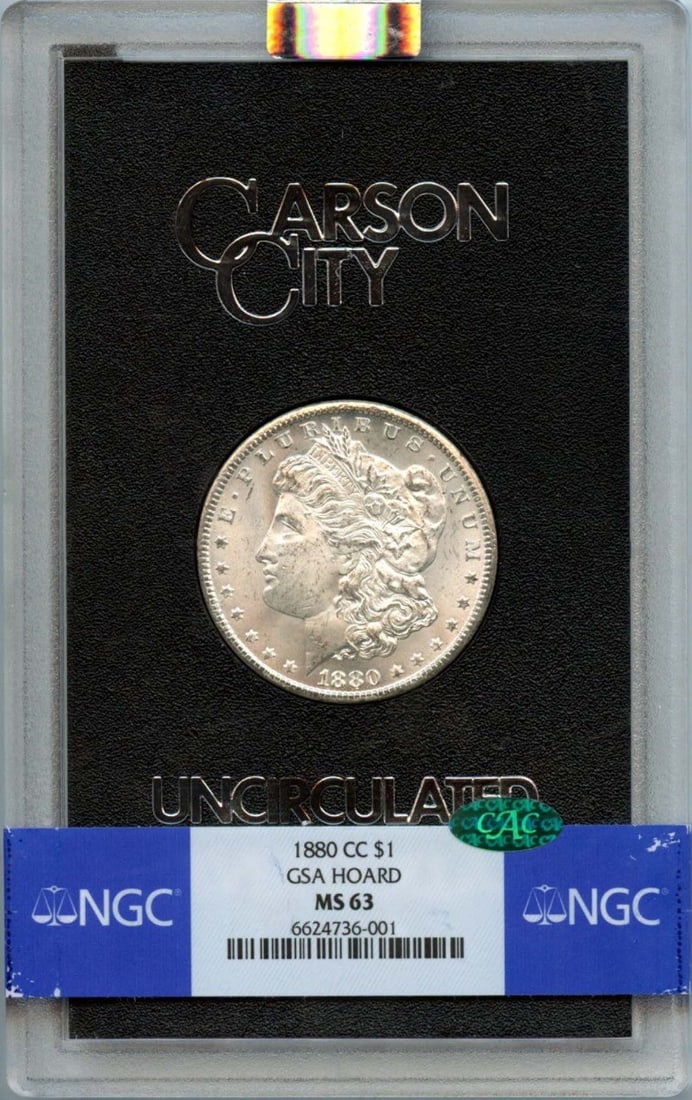 (CAC) 1880-CC Morgan Dollar GSA HOARD S$1 NGC MS63: (CAC) 1880-CC Morgan Dollar GSA HOARD S$1 NGC MS63 Experience the rarest of Carson City Morgan Dollars, certified by the Numismatic Guaranty Corporation (NGC) as MS63 and slabbed by CAC. This 1880-CC