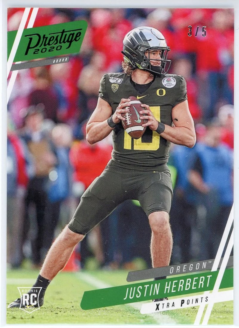 Card Justin Herbert 2020 Panini Chronicles Prestige Draft Picks Rookie: Card Justin Herbert 2020 Panini Chronicles Prestige Draft Picks Rookie Rarity seekers, rejoice! This 2020 Panini Chronicles Prestige Draft Picks Rookie card of Justin Herbert is a highly sought-after