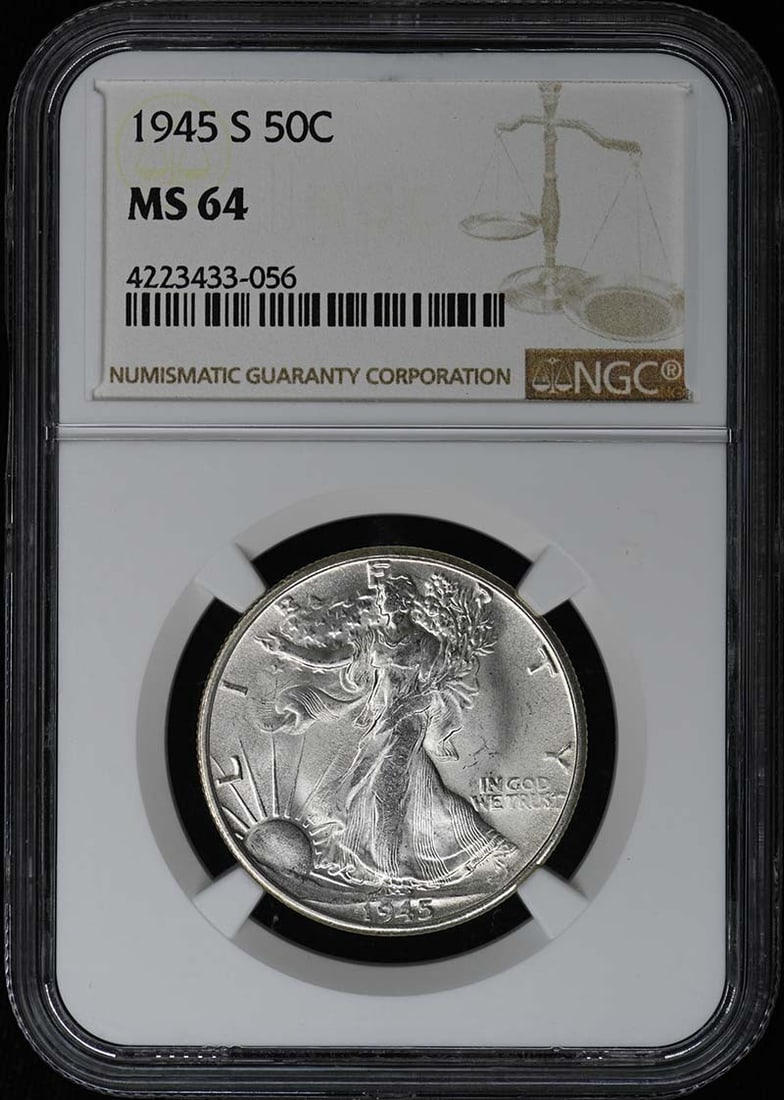 MS64 1945-S Walking Liberty Half Dollar 50C NGC: MS64 1945-S Walking Liberty Half Dollar 50C NGC A rare and highly sought-after 1945-S Walking Liberty Half Dollar, graded MS64 by the NGC, is up for auction. This uncirculated coin boasts stunning det