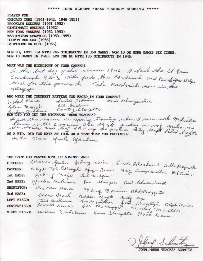 John "Bear Tracks" Schmitz Autographed Hand-Filled-Out Survey Page (JSA): John "Bear Tracks" Schmitz Autographed Hand-Filled-Out Survey Page (JSA) Get ready to own a piece of baseball history with this autographed survey page from John "Bear Tracks" Schmitz, signed and fill