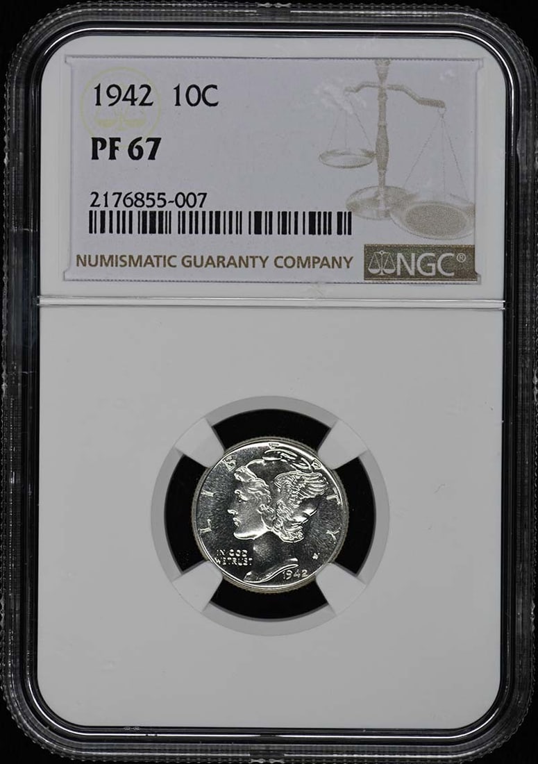 NGC PR67 1942 Mercury Dime 10c: NGC PR67 1942 Mercury Dime 10c Experience the rare beauty of the 1942 Mercury Dime, certified by NGC as PR67, one of the highest grades for circulated coins. This stunning example is an uncirculated p