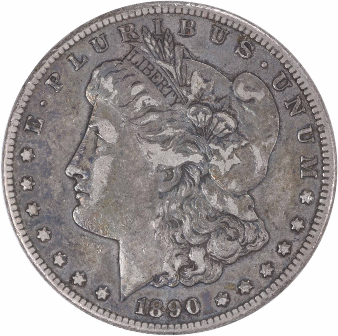 Morgan Silver Dollar (1890-CC) VF Uncertified: Morgan Silver Dollar (1890-CC) VF Uncertified A rare and highly sought-after Morgan Silver Dollar from 1890, certified as VF Uncertified, boasts its original circulated condition with a beautiful reed
