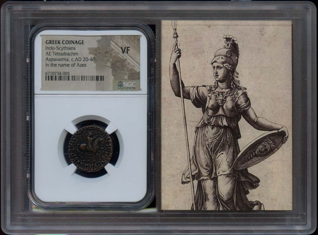 Vault Aspsvsma AD 20-46 Indo-Scythians BI Tetradrachm NGC VF-20 Story: Vault Aspsvsma AD 20-46 Indo-Scythians BI Tetradrachm NGC VF-20 Story A stunning example of Indo-Scythian coinage, the Vault Aspsvsma AD 20-46 BI Tetradrachm boasts impressive detail and historical si