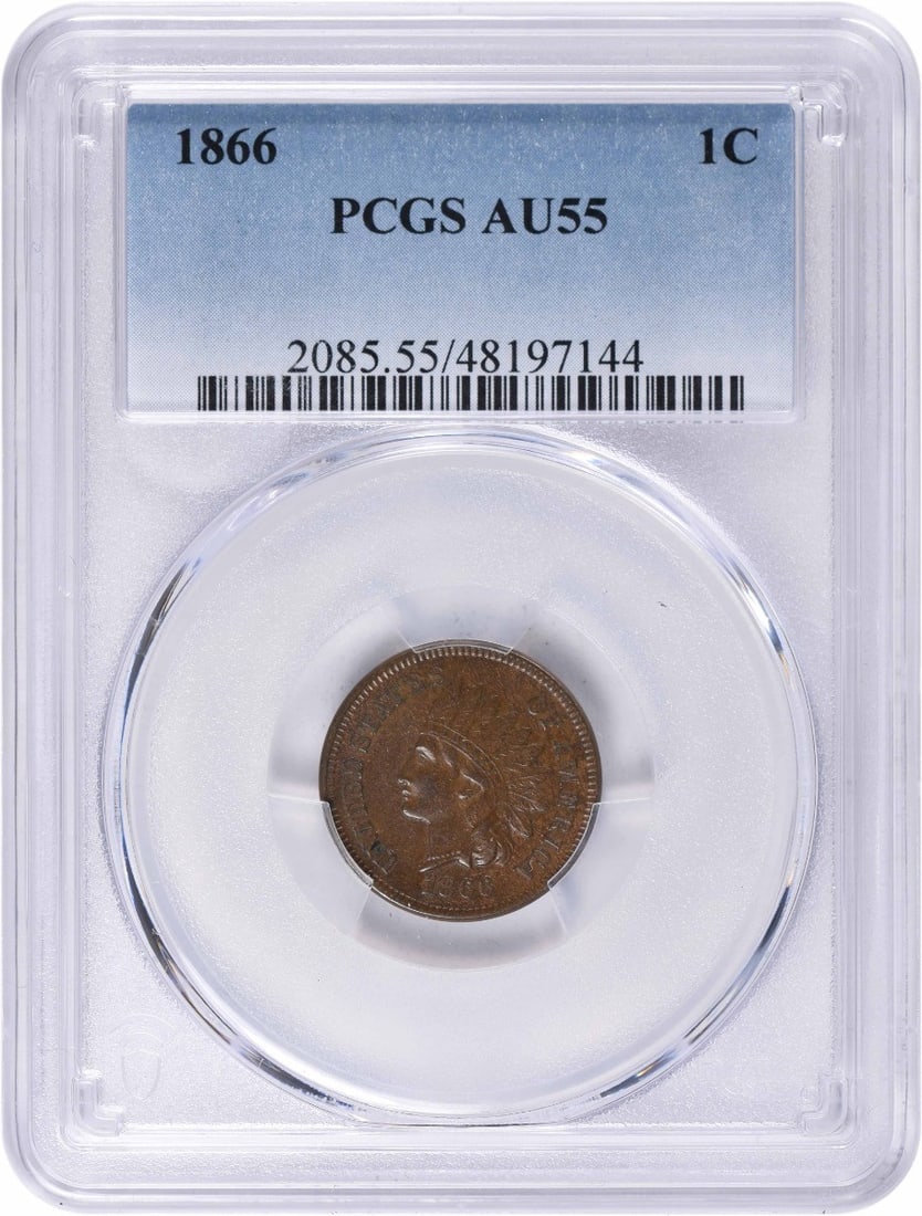 1866 Indian Cent (S-8) AU55 PCGS: 1866 Indian Cent (S-8) AU55 PCGS A rare and highly sought-after 1866 Indian Cent, graded AU55 by PCGS, boasts a rich history as one of the earliest coins minted in the United States. With its distinct
