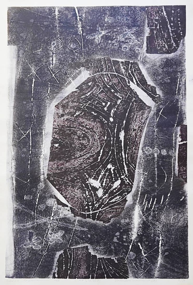 ED No Frame Hideo Hagiwara Unknown Monument A Woodblock Print 1966 Signed With: ED No Frame Hideo Hagiwara Unknown Monument A Woodblock Print 1966 Signed With Unveil the abstract beauty of Hideo Hagiwara's 'Unknown Monument A', a rare woodblock print from 1966, showcasing the art