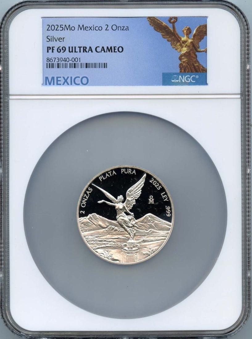 300 2025 Mo Mexico 2 Onza Libertad Silver NGC PF69UC Low Mintage: 300 2025 Mo Mexico 2 Onza Libertad Silver NGC PF69UC Low Mintage Experience the allure of Mexico's iconic silver bull with this stunning 2025 Mo Mexico 2 Onza Libertad, certified by NGC and graded