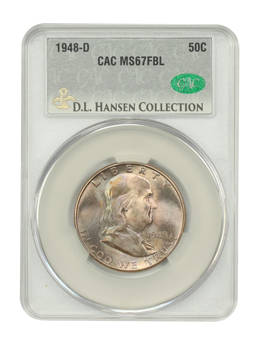 1948-D Franklin Half Dollar MS67FBL, ex D.L. Hansen: 1948-D Franklin Half Dollar MS67FBL, ex D.L. Hansen A stunning example of the 1948-D Franklin Half Dollar, graded MS67FBL by CACG and certified as uncirculated, boasts exceptional detail and luster in