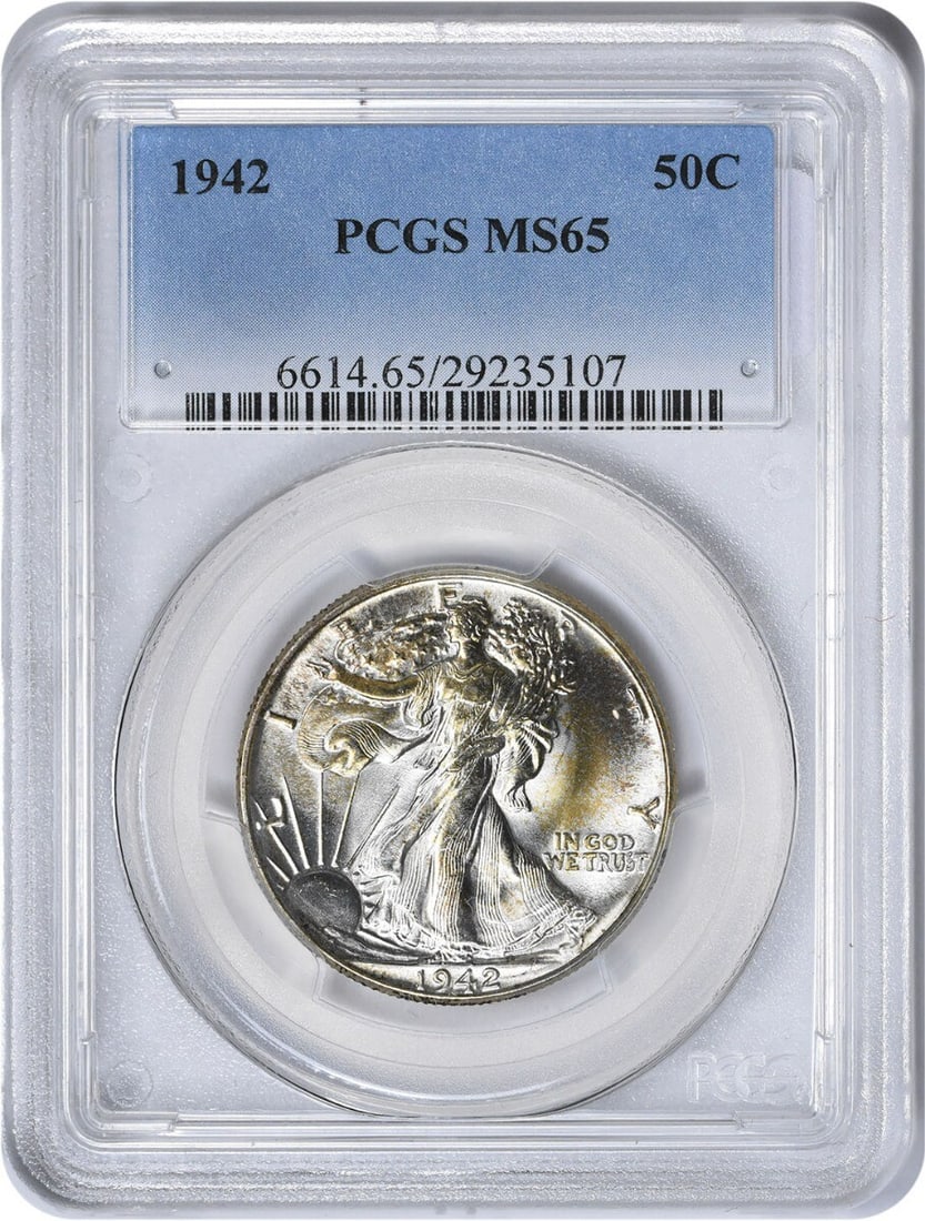 1942 Walking Liberty Silver Half Dollar - MS65 PCGS: 1942 Walking Liberty Silver Half Dollar - MS65 PCGS This stunning 1942 Walking Liberty Silver Half Dollar boasts an impressive MS65 grade from the PCGS, making it a rare and highly sought-after collec