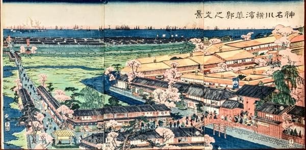 Japan Sadahide Gountei woodblock print triptych Yokohama Flower Quarter Kanagawa: Japan Sadahide Gountei woodblock print triptych Yokohama Flower Quarter Kanagawa A stunning triptych woodblock print by renowned Japanese artist Sadahide Gountei, depicting the vibrant Flower Quarter