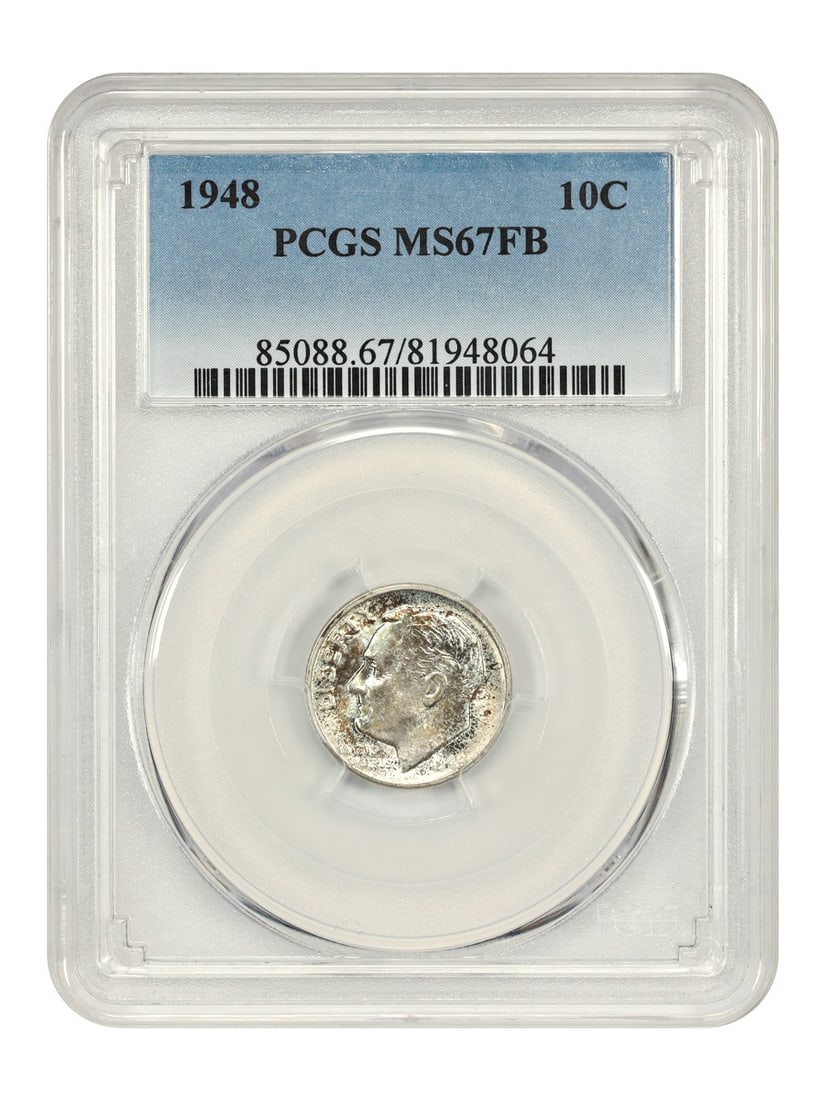 Roosevelt Dime - 1948 10C PCGS MS67FB: Roosevelt Dime - 1948 10C PCGS MS67FB A stunning example of American numismatics, this 1948 Roosevelt dime boasts an impressive MS67FB grade from PCGS, indicating exceptional strike quality and luster