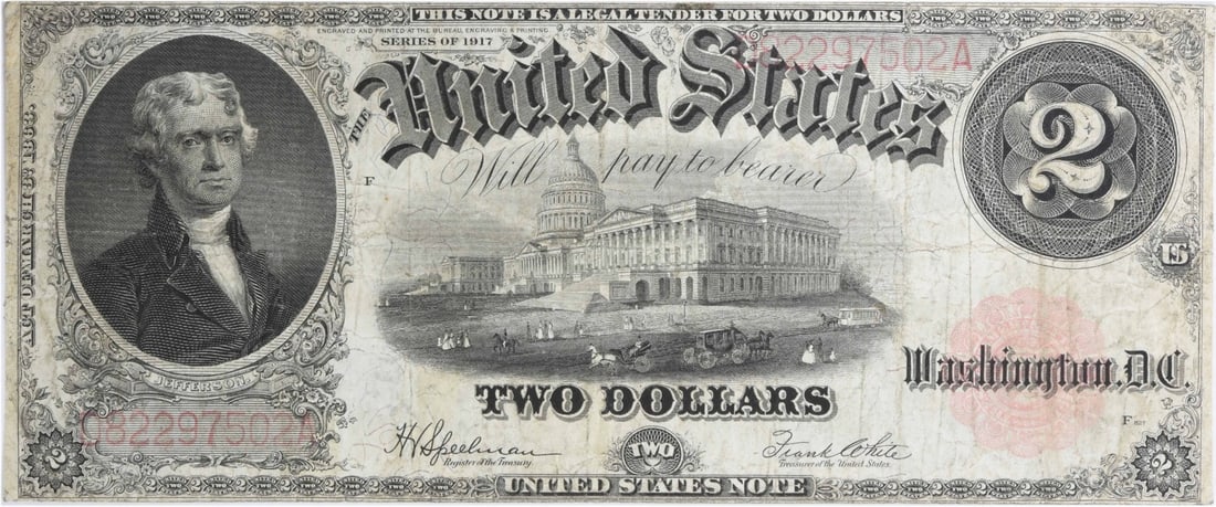 Uncertified 1917 $2 Large Legal Tender Fr. 60 VF: Uncertified 1917 $2 Large Legal Tender Fr. 60 VF A rare and historic $2 bill from 1917, this circulated note is one of the most sought-after denominations in American currency. With its unique design
